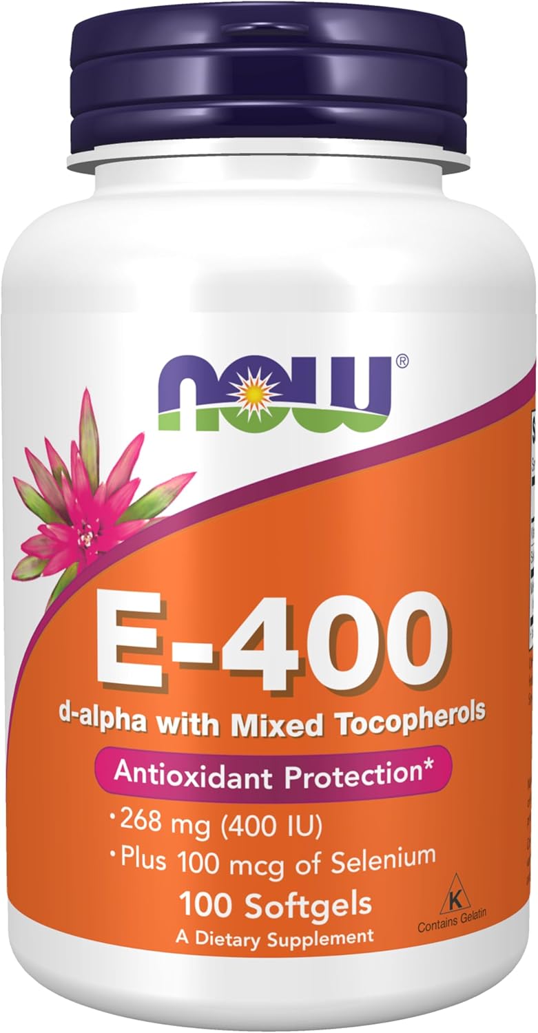 NOW Foods Vitamina E 400 UI con Tocoferoles Mixtos y Selenio - 100 Perlas Blandas