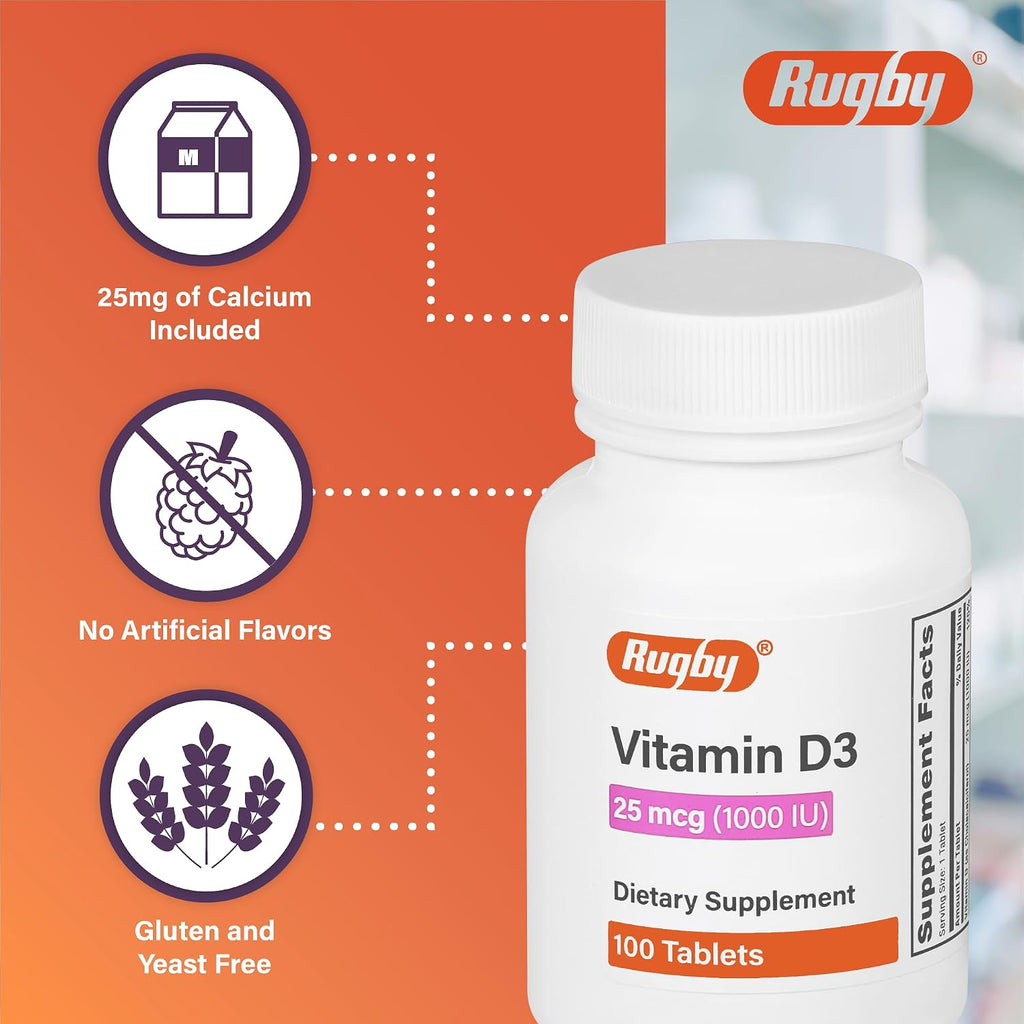 Vitamina D3 Rugby, 25 mcg (1.000 UI) - Complemento Alimenticio - 100 Comprimidos