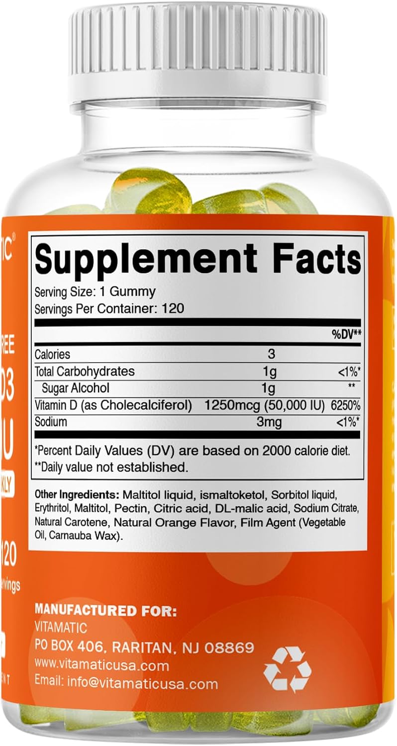 Vitamatic Vitamina D3 50.000 UI Sin Azúcar - 120 Gomitas de Pectina - Suplemento Semanal para Huesos, Dientes y Sistema Inmunológico
