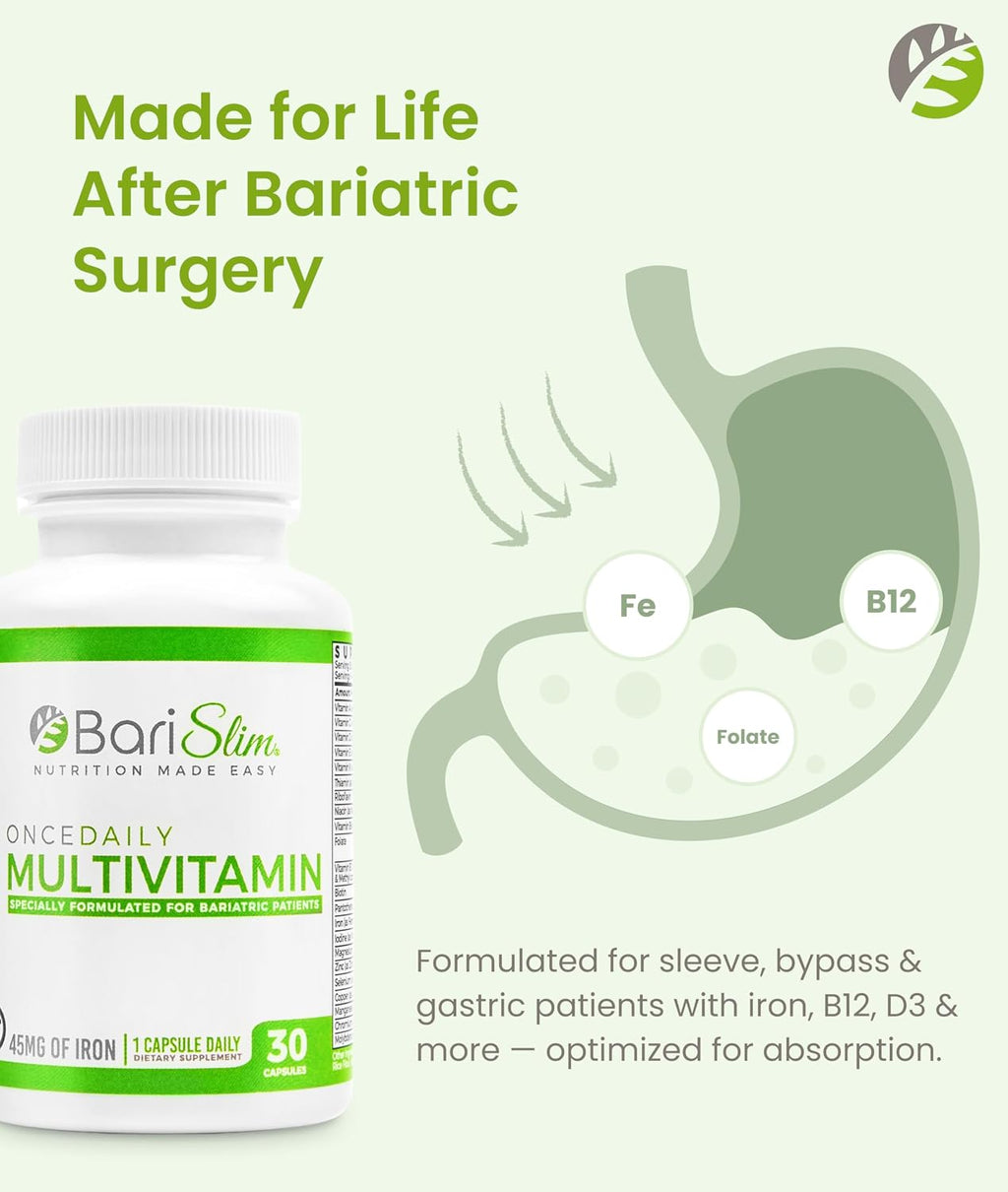 BariSlim Multivitamínico Bariátrico Una Vez al Día - 45mg de Hierro - Post Cirugía Bypass y Manga Gástrica | 30 Días