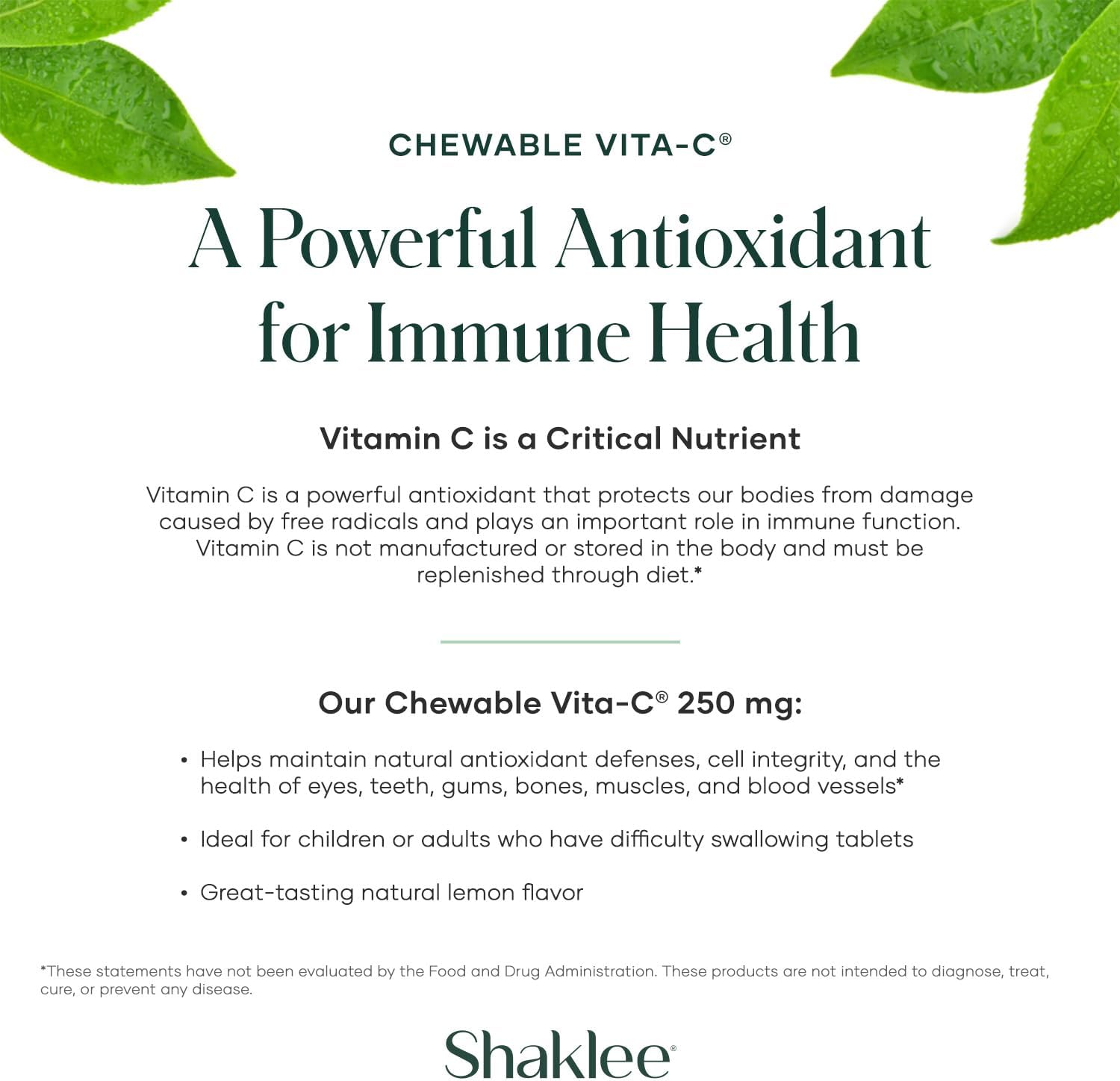 Shaklee - Chewable Vita-C 250mg - Apoyo Celular y Refuerzo Inmunitario - Comprimidos Masticables Sabor Limón - 60 Comprimidos