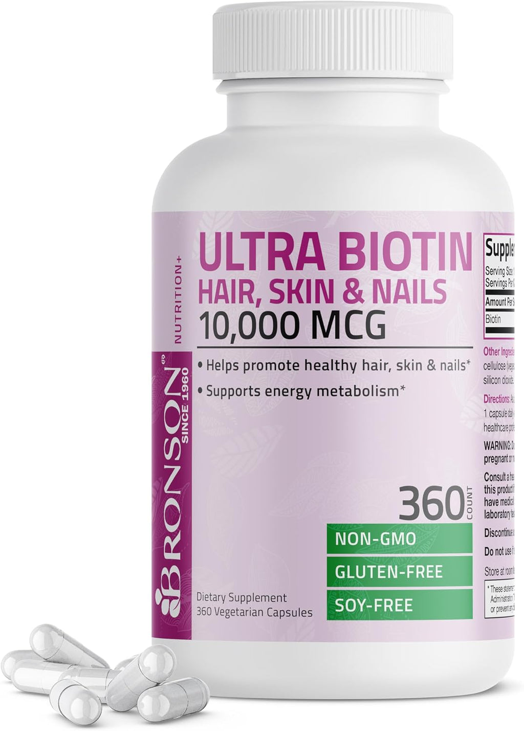 Bronson Ultra Biotina 10.000 mcg - Complemento para Cabello, Piel y Uñas - 360 Cápsulas Vegetales