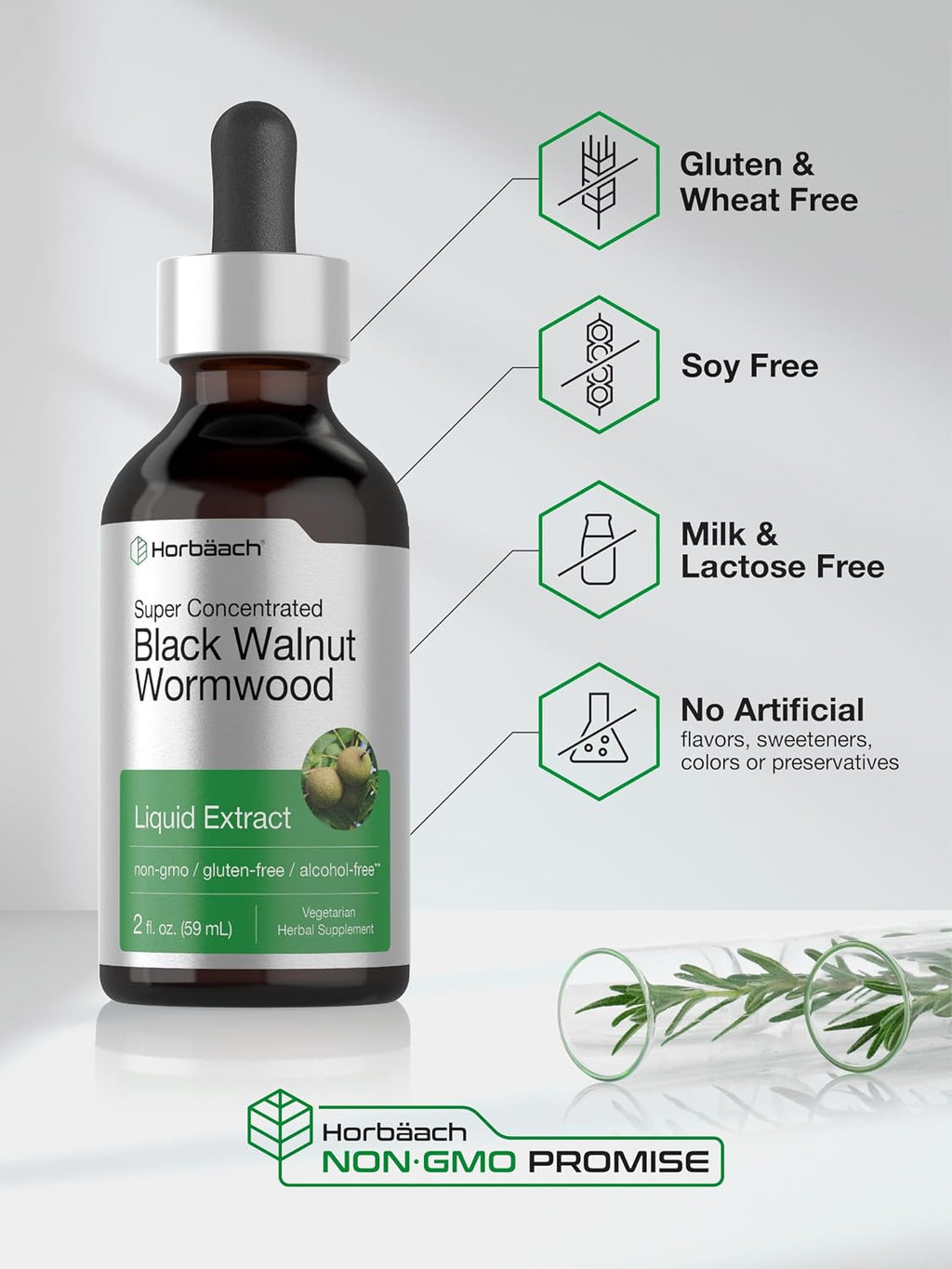 Horbäach Black Walnut Hull and Wormwood Extract Tincture – 2 fl oz – Alcohol Free Liquid – Vegetarian, Non-GMO & Gluten Free Supplement