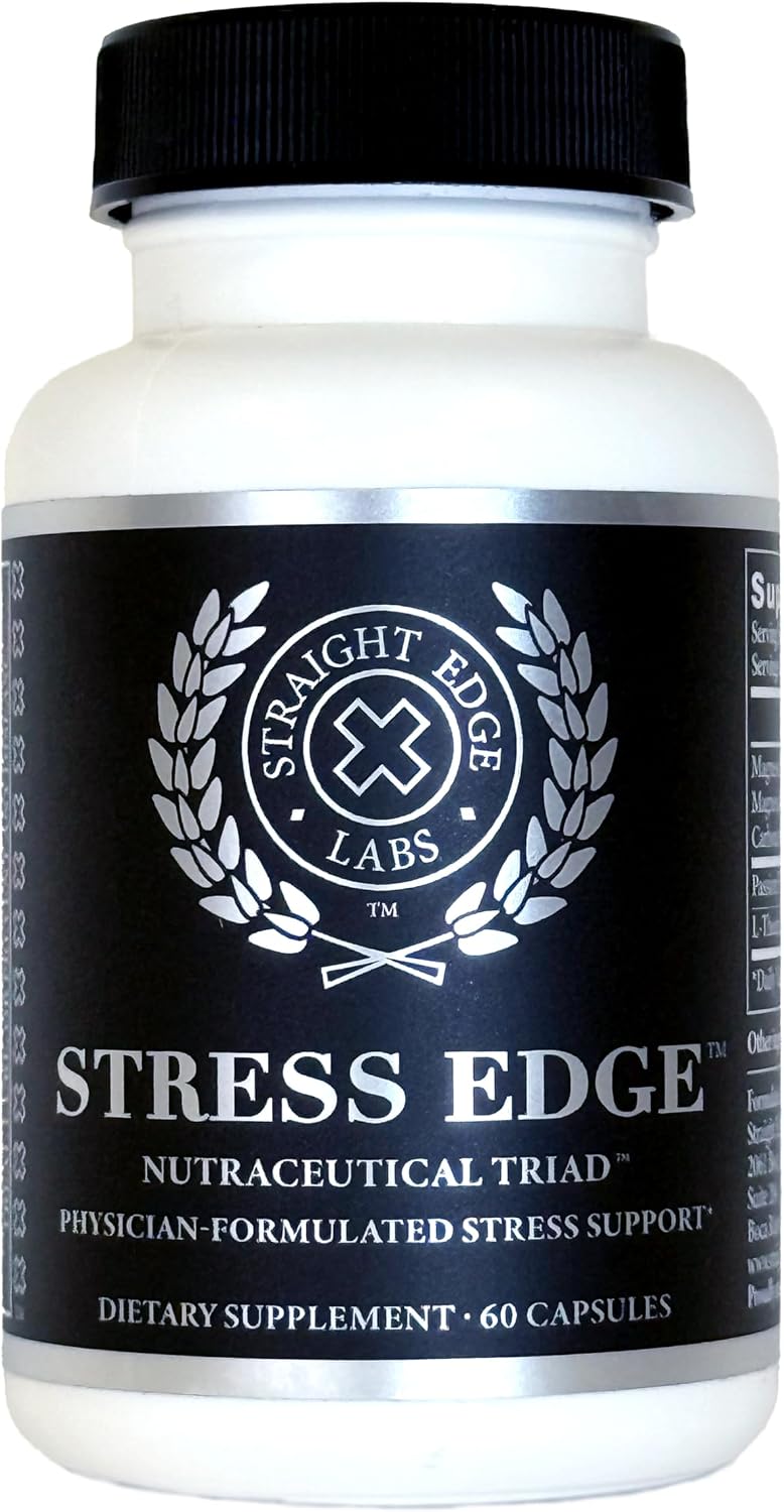 Stress Edge Suplemento para el Alivio del Estrés, Mejorador del Estado de Ánimo Natural, Formulado por Médicos, Calma Mente y Cuerpo, Mejora el Sueño, Acción Rápida, 30 Dosis