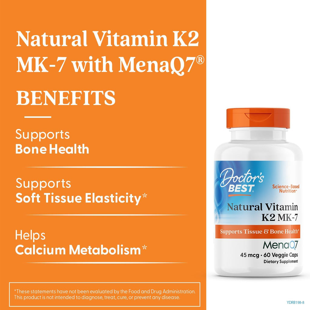 Doctor's Best Natural Vitamin K2 MK7 con MenaQ7, 45 mcg, 60 Cápsulas Veganas