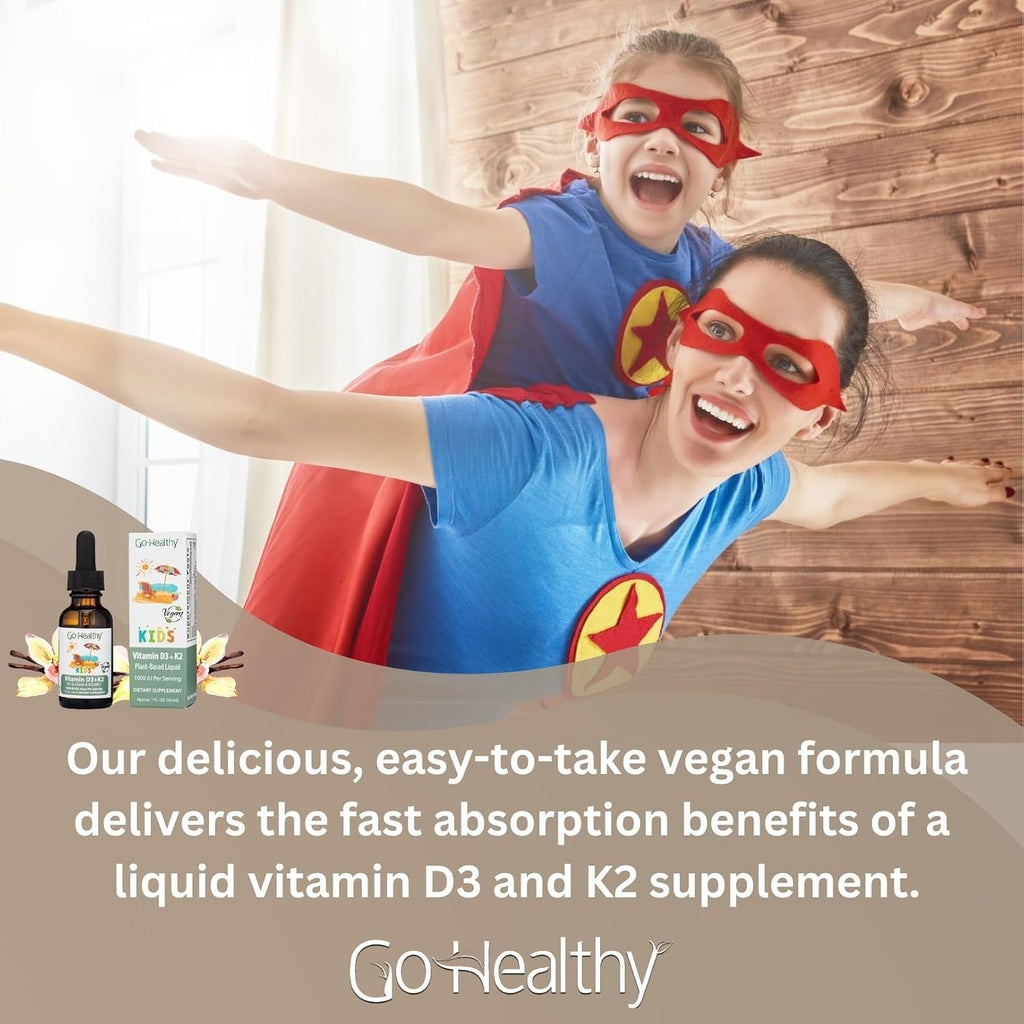 Go Healthy Kids Vitamin D3 K2 (MK-7) Gotas Líquidas Veganas para Niños - Sabor Vainilla - 30 Dosis