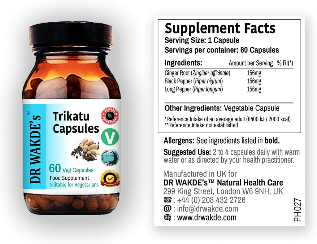 DR WAKDE'S Trikatu Capsules (60 Vegetarian Capsules, Ayurvedic Supplement, Natural, Vegan)
