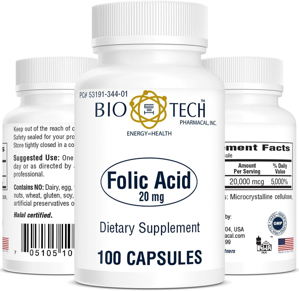 Bio-Tech Pharmacal Folic Acid 20 mg, 100 Tablets