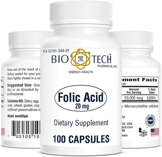 Bio-Tech Pharmacal Ácido Fólico 20 mg, 100 Comprimidos