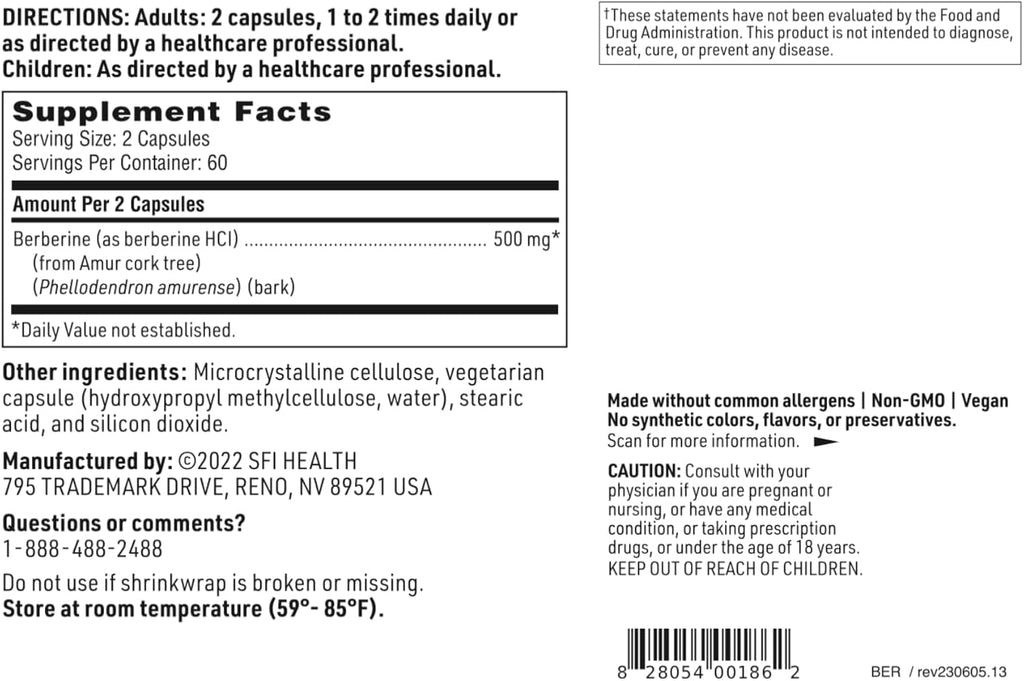 Klaire Labs SFI Health Berberine HCI 500mg - Suplemento de Berberina - Sin Gluten, Hipoalergénico (120 Cápsulas)
