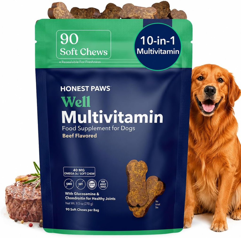 Honest Paws Multivitamínico para Perros - 90 Golosinas Blandas con Glucosamina, Condroitina y Omega-3 - Sabor a Carne de Res