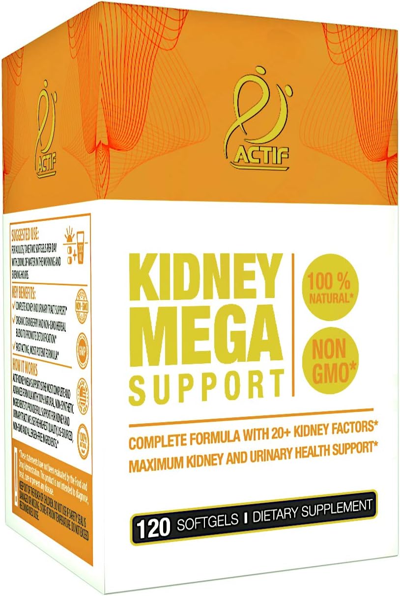 Actif Kidney Mega Support with 10+ Advanced Factors, Supports Healthy Kidney Function, Kidney Cleansing, Non-GMO, Fast-Acting, Made in USA, 120 Tablets