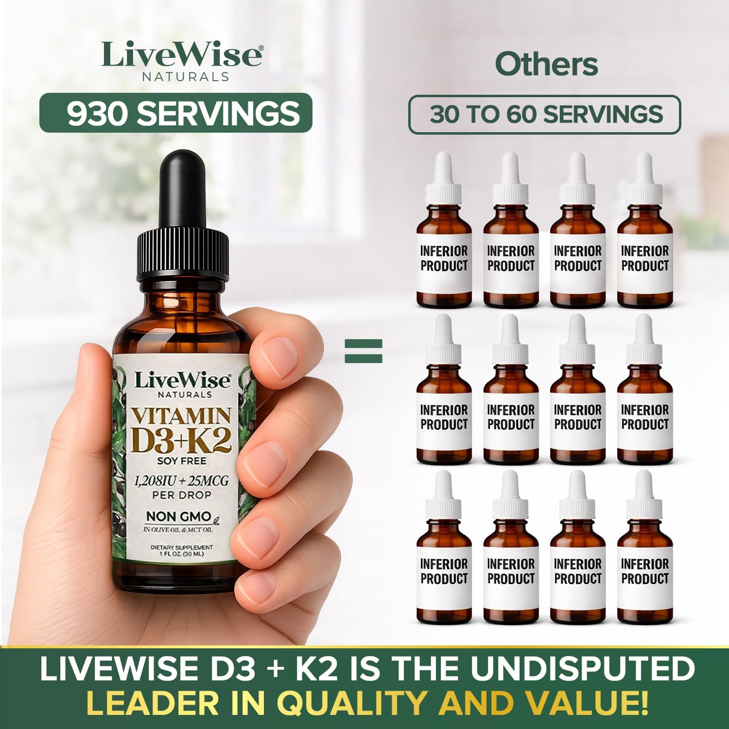 Live Wise Naturals Vitamina D3 K2 Gotas para Adultos, Ultra Concentradas | 930 Gotas, 1208 UI Vitamina D3, 25 mcg (MK-7)
