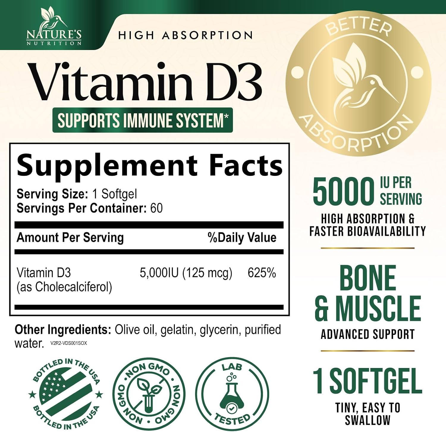 Nature's Nutrition Vitamina D3 5000 UI - 60 Cápsulas Blandas - Suplemento Extra Fuerte para Huesos, Dientes, Músculos e Inmunidad