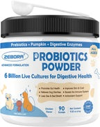 ZEBORA Probióticos para Perros, Polvo con Calabaza, Prebióticos y Enzimas Digestivas, 6 Mil Millones de UFC, Sabor a Pollo, 90 Dosis