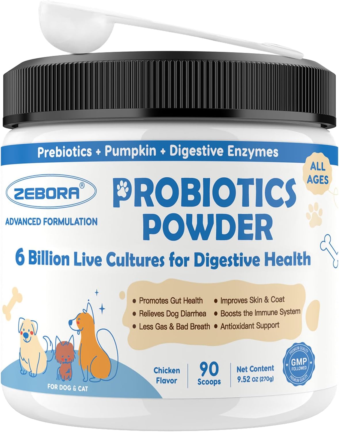 ZEBORA Probióticos para Perros, Polvo con Calabaza, Prebióticos y Enzimas Digestivas, 6 Mil Millones de UFC, Sabor a Pollo, 90 Dosis