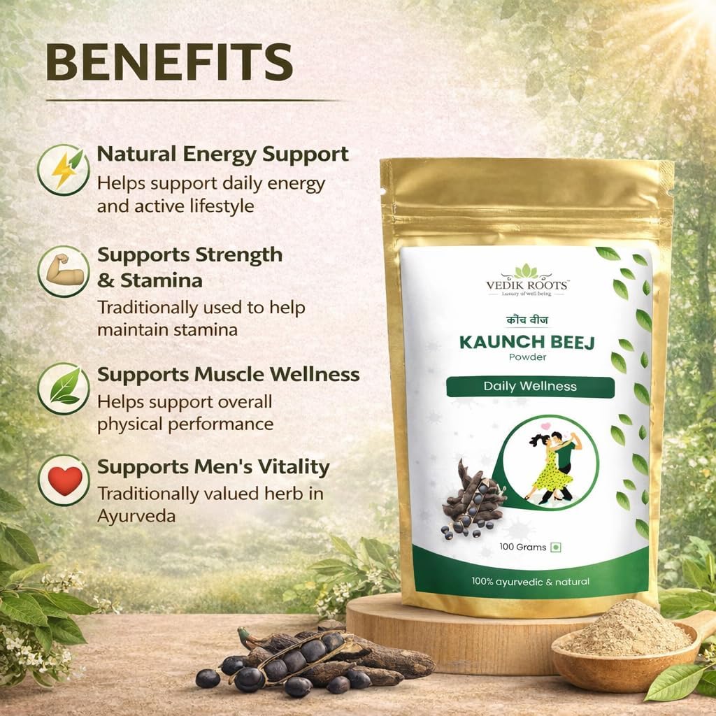 VEDIKROOTS Kaunch Beej Polvo | Polvo de Semilla de Mucuna Pruriens Puro | Hierba Ayurvédica Tradicional | 100g