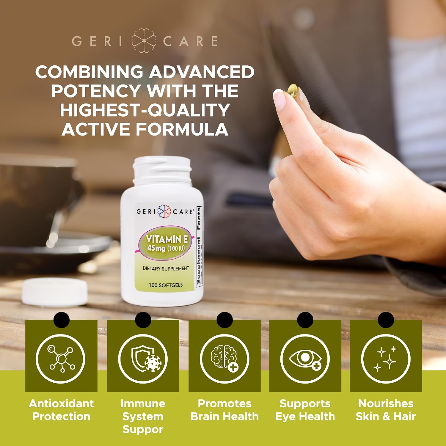 GeriCare High-Potency Vitamin E Capsules – 100 IU for Skin & Immune Support, 45mg | 100 Count | Organic Vitamin E for Women and Men