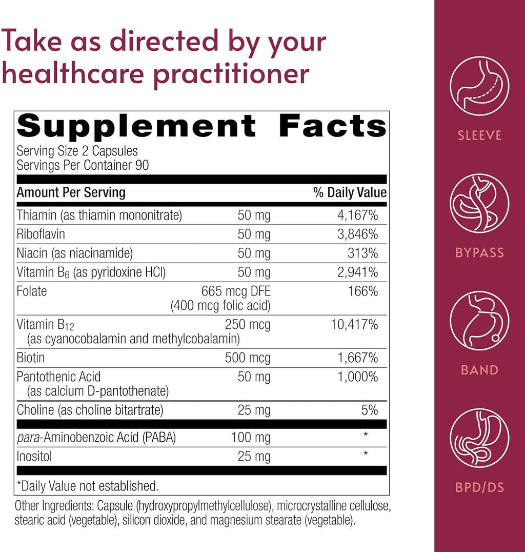 Bariatric Advantage Complejo de vitamina B50 - para pacientes de cirugía bariátrica - Mini cápsulas de alta potencia y fácil digestión - Suplementos de complejo de vitamina B - Apoyo para la salud cerebral* - 180 unidades