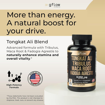 Tongkat Ali para Hombres y Mujeres - Fórmula Extra Fuerte con Fadogia Agrestis, Tribulus y Maca - Vitalidad, Energía, Estado de Ánimo