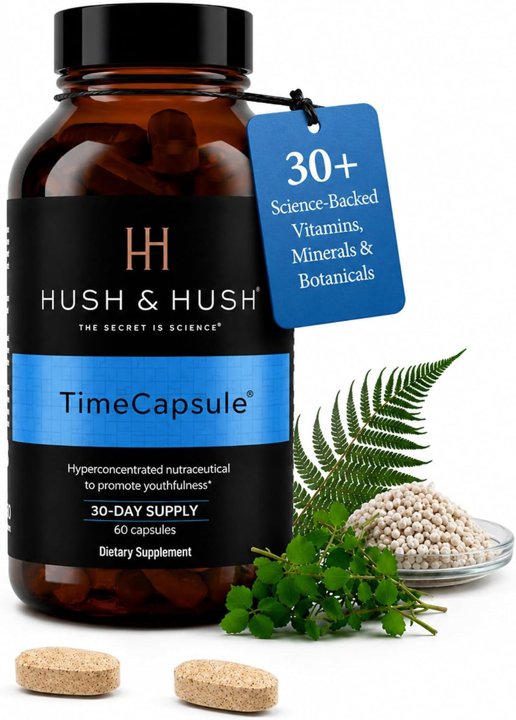 Hush & Hush Multivitamínico de Belleza para Mujeres – Colágeno Marino, Ácido Hialurónico, Vitamina C y B12 – 60 Comprimidos