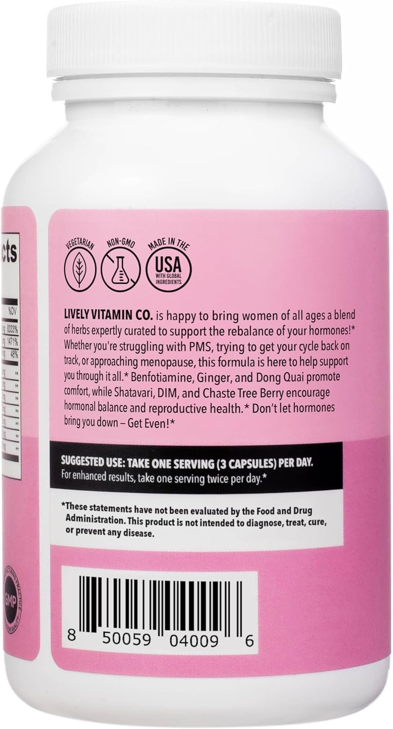 LIVELY VITAMIN CO. Get Even - Equilibrio Hormonal Femenino - Reduce Síntomas de Período, PMS y Menopausia - 90 Cápsulas