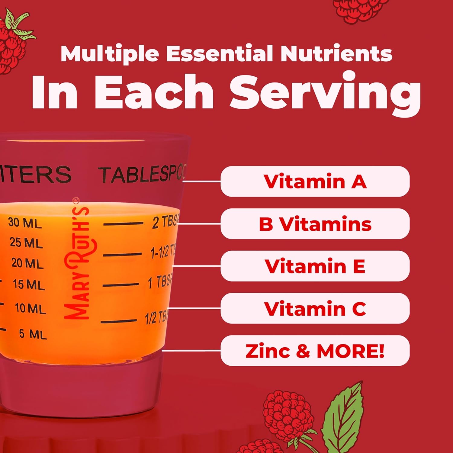 MaryRuth's Multivitamínico Líquido para Mujeres, Hombres y Niños - Sabor Frambuesa - 15 Dosis