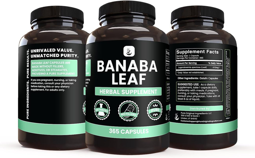 PURE ORIGINAL INGREDIENTS Extracto de Hoja de Banaba (365 Cápsulas) - Sin Rellenos de Magnesio ni Arroz, Siempre Puro, Verificado en Laboratorio