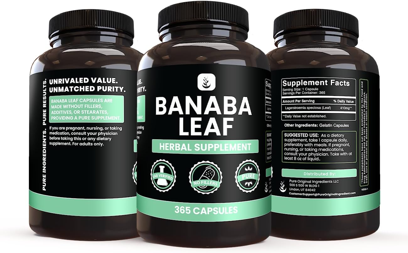 PURE ORIGINAL INGREDIENTS Extracto de Hoja de Banaba (365 Cápsulas) - Sin Rellenos de Magnesio ni Arroz, Siempre Puro, Verificado en Laboratorio
