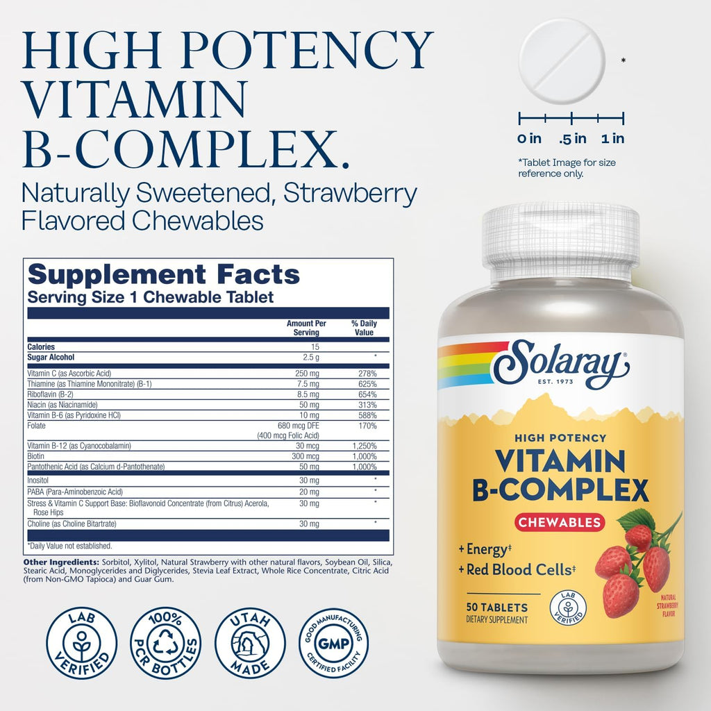 SOLARAY Chewable B-Complex, Strawberry, 50 Tablets