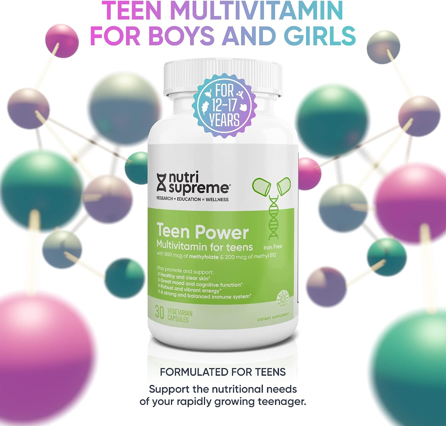 Multivitamínico para Adolescentes Nutri Supreme – Vitaminas para Chicos y Chicas de 12 a 17 Años, Fórmula Completa con Vitaminas C, D, E y Complejo B, 30 Cápsulas