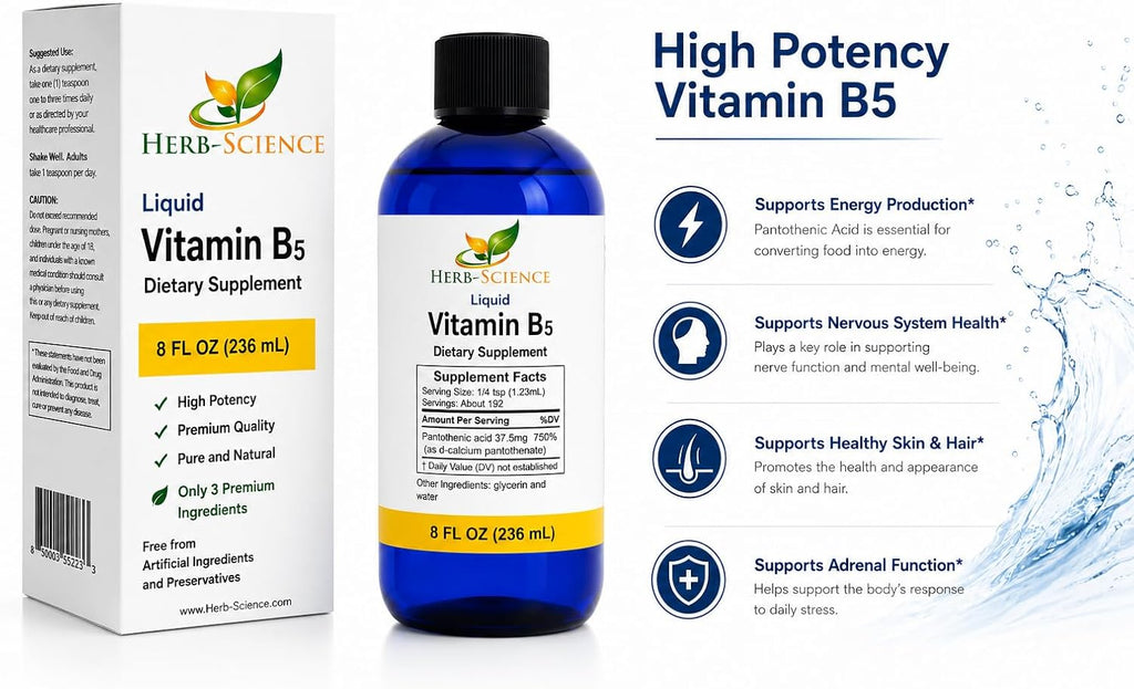 Líquido de Vitamina B5 (Ácido Pantoténico) – 192 Dosis – Alta Absorción – Vegano, Sin Alcohol, Sin OGM – 236 ml