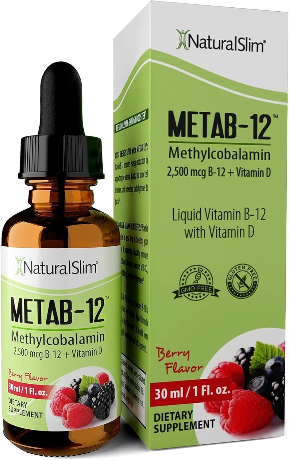 NaturalSlim Metab-12 Vitamina B12 Líquida con Vitamina D3 - Metilcobalamina 2500 mcg - Gotas Sublinguales Sabor Bayas 30 ml
