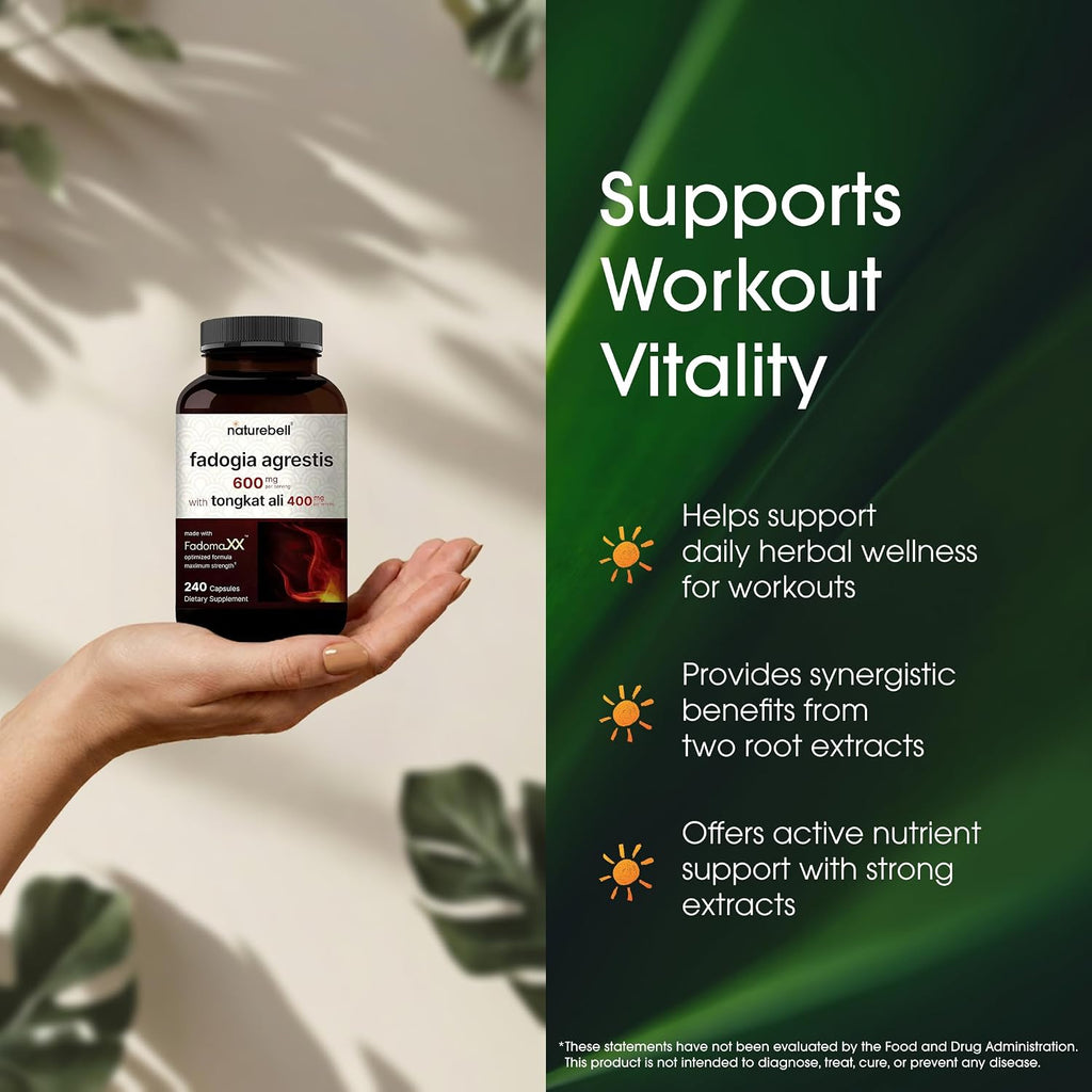 NatureBell Fadogia Agrestis 600mg & Tongkat Ali 400mg - 240 Cápsulas (Suministro 4 Meses) - Suplemento de Alta Potencia para Energía, Vitalidad y Apoyo al Entrenamiento - No GMO, Sin Gluten