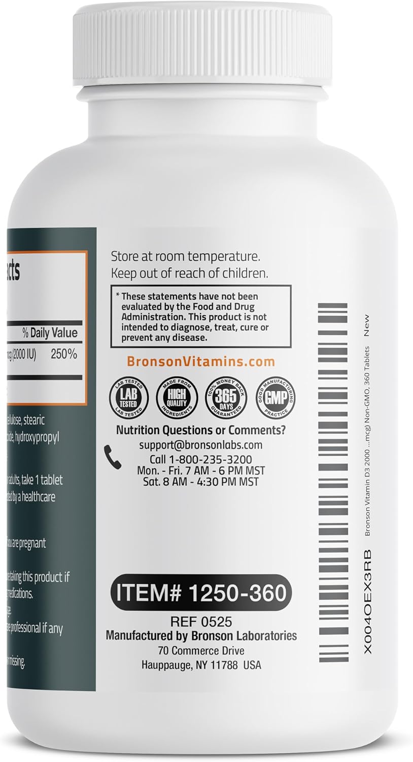 Vitamina D3 2000 IU (50mcg) de Bronson, 360 Comprimidos - No-GMO, Sin Gluten