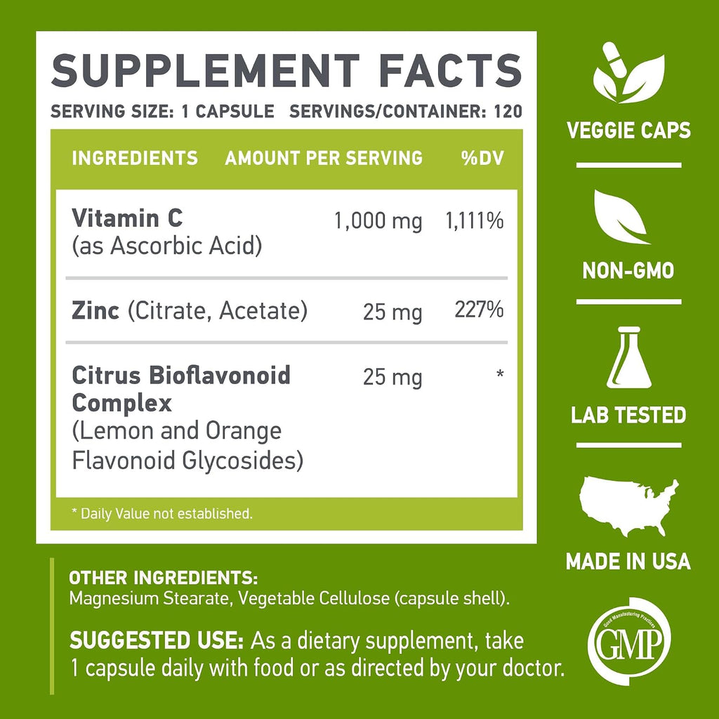 Vitamina C 1000 mg + Zinc 25 mg con Bioflavonoides Cítricos (120 Cápsulas)