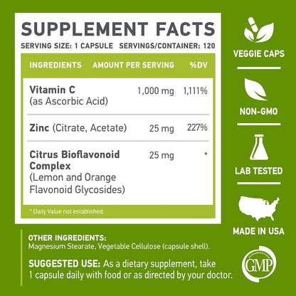 Vitamina C 1000 mg + Zinc 25 mg con Bioflavonoides Cítricos (120 Cápsulas) – Image 5
