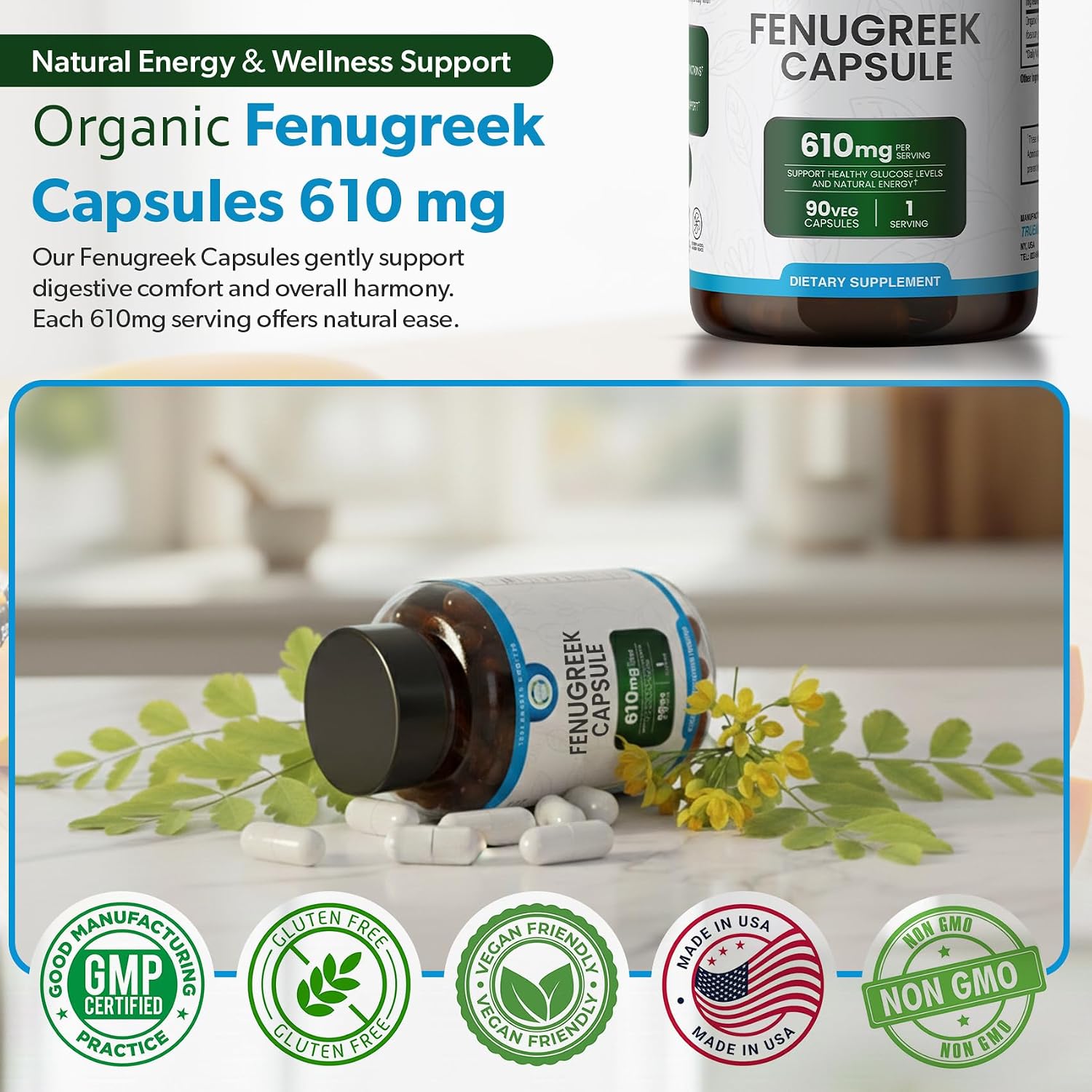TRUEMED Cápsulas de Fenogreco Orgánico 610 mg – 90 Cápsulas Vegetales
