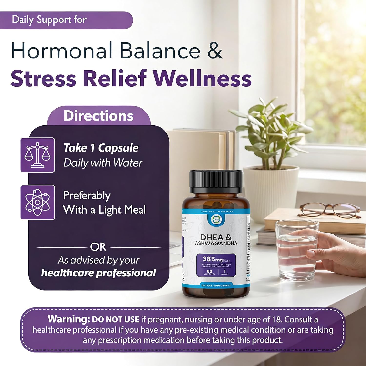 TRUEMED DHEA & Ashwagandha 385mg – Ashwagandha 250mg, DHEA 10mg, Vitamina C y B6 – Apoya la Relajación, Energía Natural y Estado de Ánimo Equilibrado – 60 Cápsulas Veganas