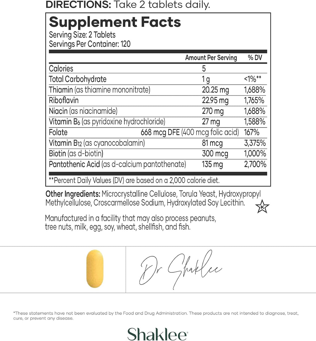 Shaklee - Complejo B - Impulso de Energía con Sistema de Absorción Bioactivada Patentado - Vitaminas B para el Bienestar - Apoya la Energía, Salud Cardiovascular y Cerebral - 240 Comprimidos