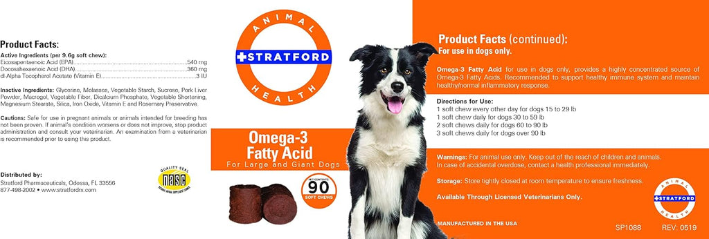 Pharmaceuticals EZ Chew Omega 3 Fatty Acid Soft Chew Max Strength - Golosinas Blandas con Aceite de Pescado para Perros Grandes - 90 Unidades
