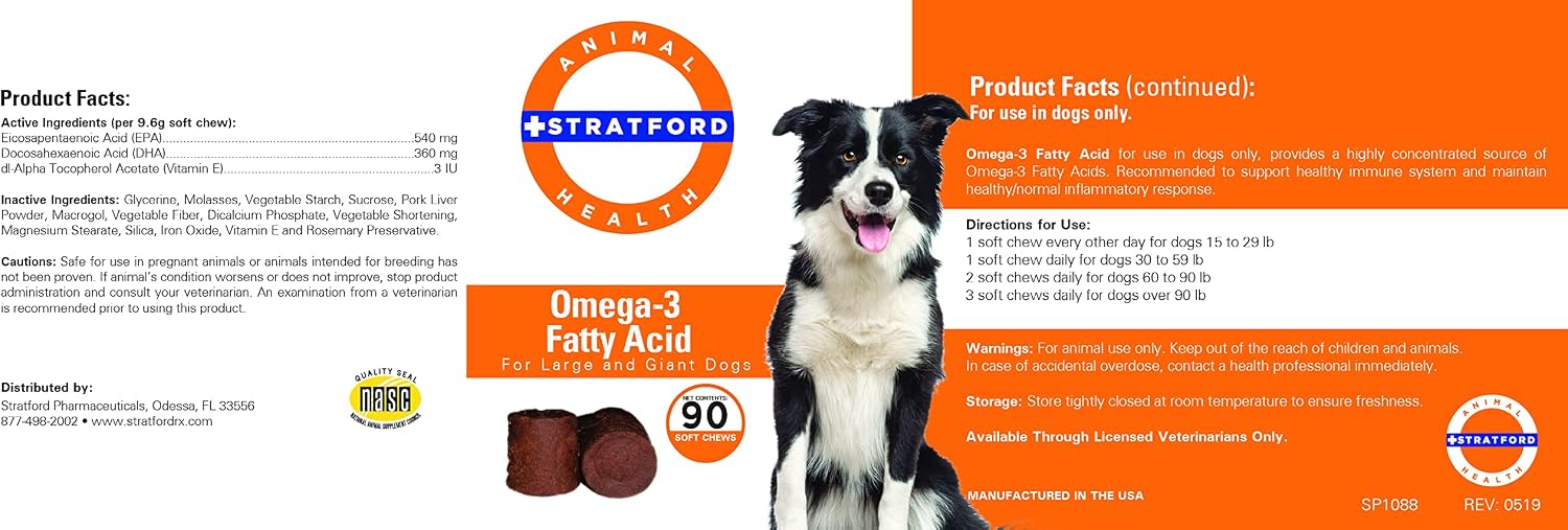 Pharmaceuticals EZ Chew Omega 3 Fatty Acid Soft Chew Max Strength - Golosinas Blandas con Aceite de Pescado para Perros Grandes - 90 Unidades