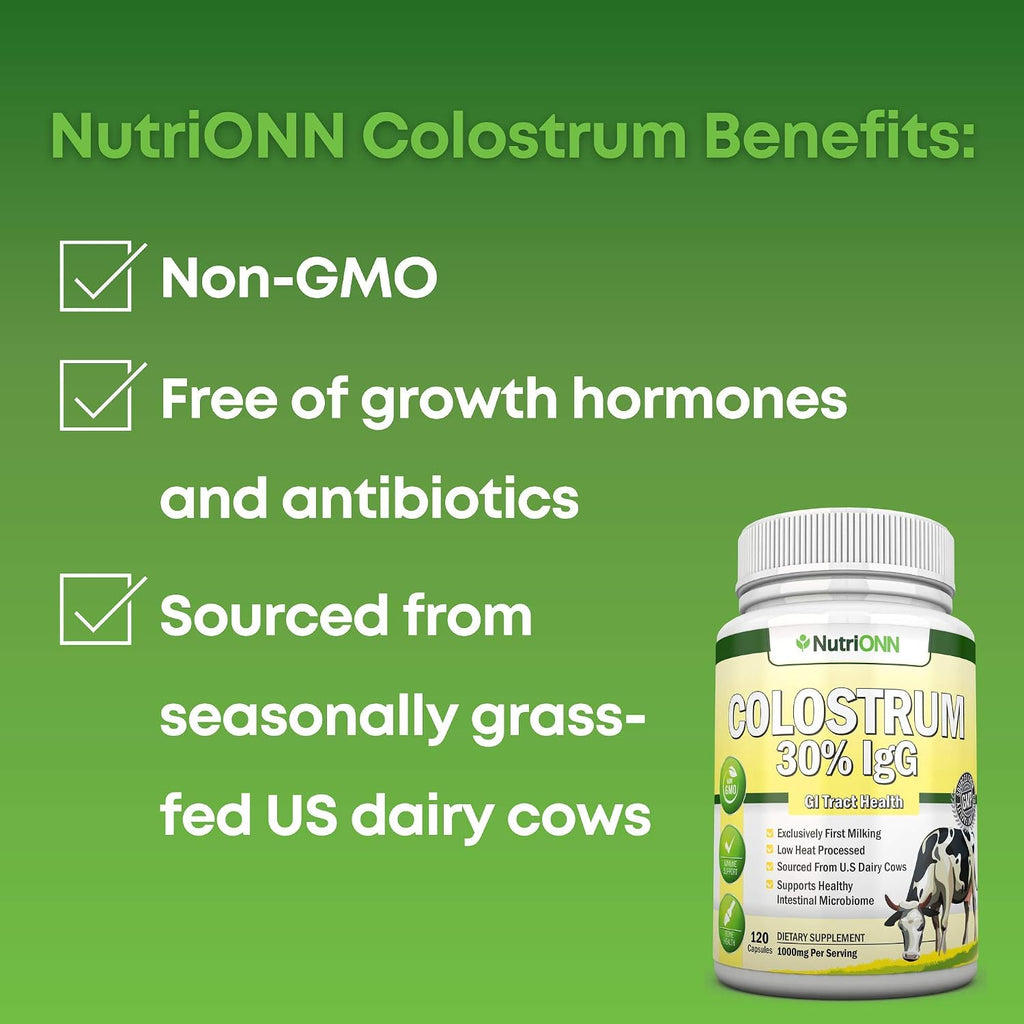 NutriONN Calostro - 1000mg - 120 Cápsulas - 30% IgG - Lácteo no OGM de EE.UU. - Primer Ordeño - Procesado a Baja Temperatura - Salud GI - Apoyo Inmune - Salud Ósea y Muscular