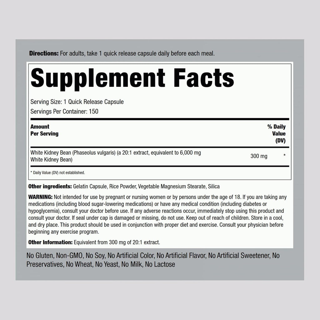 Extracto de Judía Blanca de Piping Rock | 150 Cápsulas | Suplemento Sin Gluten y No-GMO