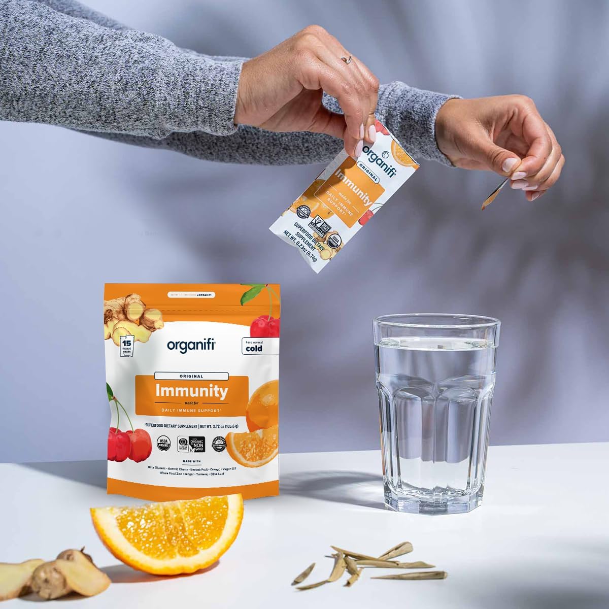 Organifi Immunity - Polvo Orgánico de Apoyo Inmunitario con Beta-Glucanos de Hongos, Vitamina C, D y Zinc - 15 Sobres Individuales