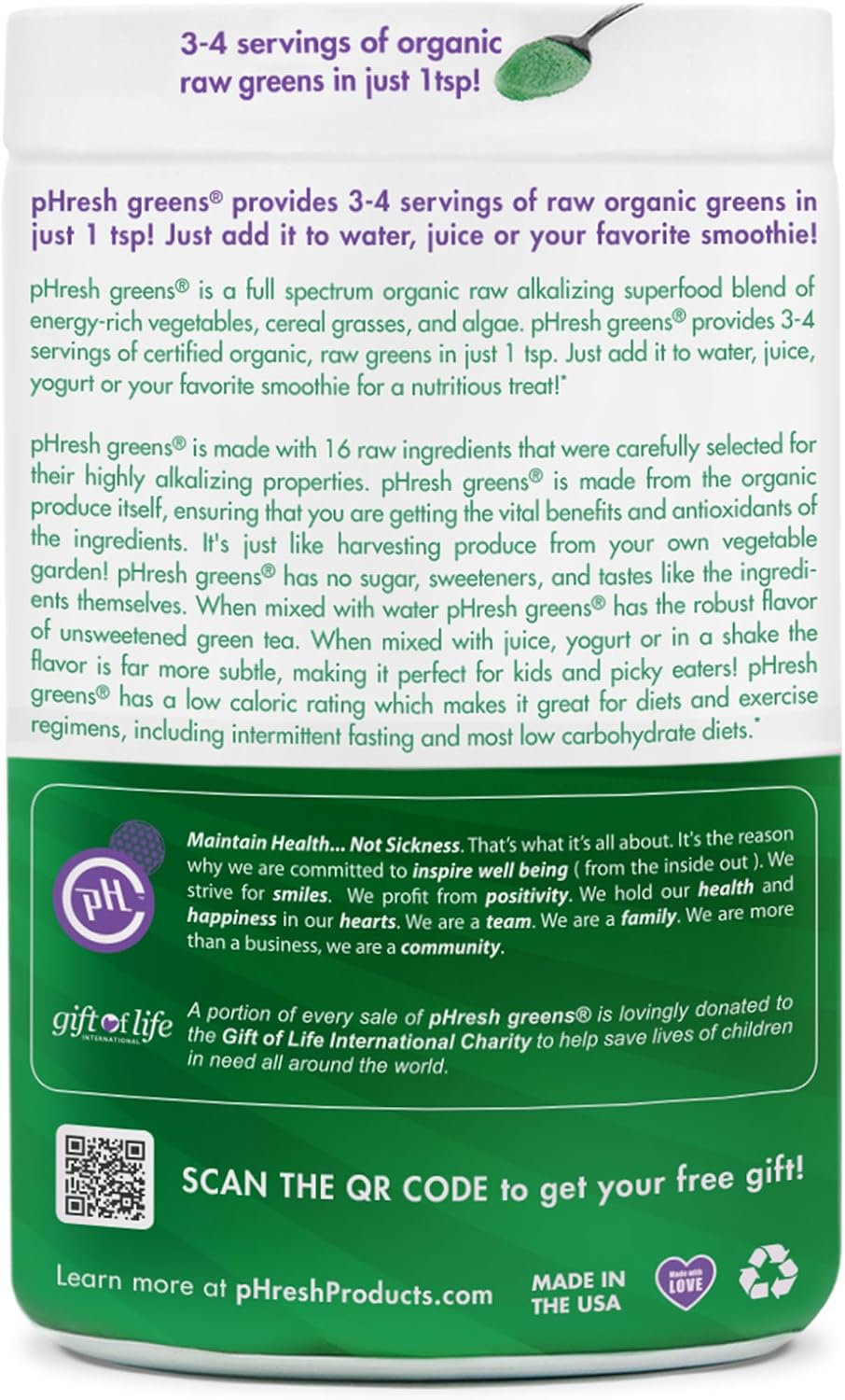 pHresh Greens Raw Alkalizing Superfood Greens Powder - 10 oz (2 meses)