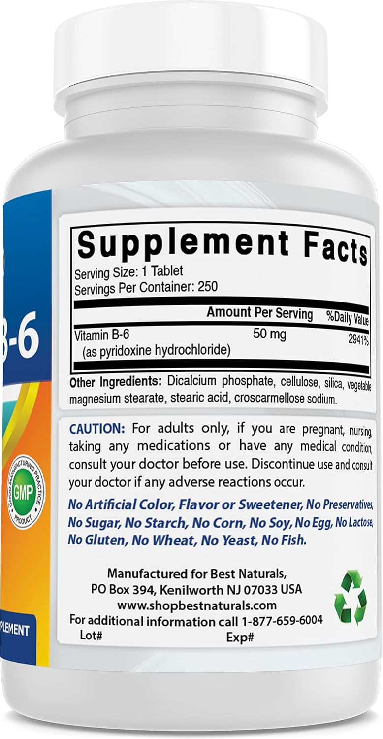 Best Naturals Vitamina B6 50 mg - 250 Comprimidos (Pack de 3)