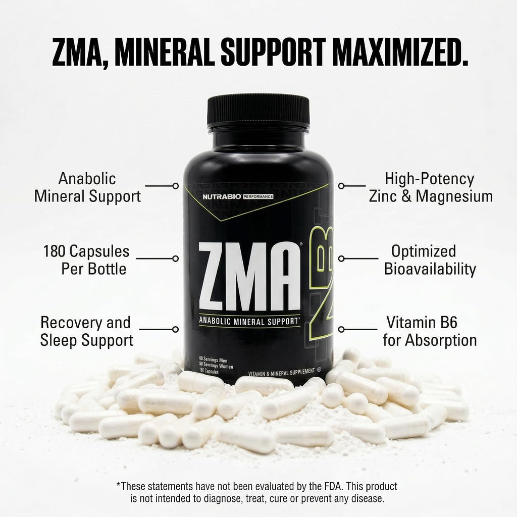 NutraBio ZMA - 180 Capsules - Zinc, Magnesium and Vitamin B6