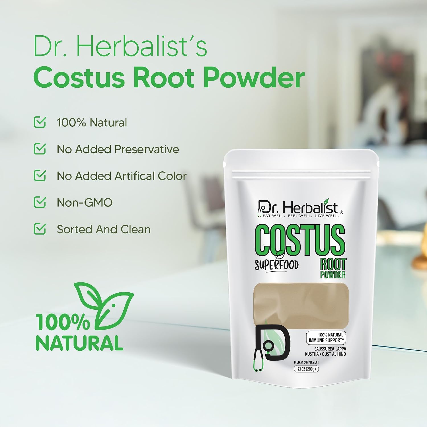 Dr. HERBALIST Polvo de Raíz de Costus 200g - Saussurea Costus Puro (Qust Al-Hindi) con Costunólido | Halal