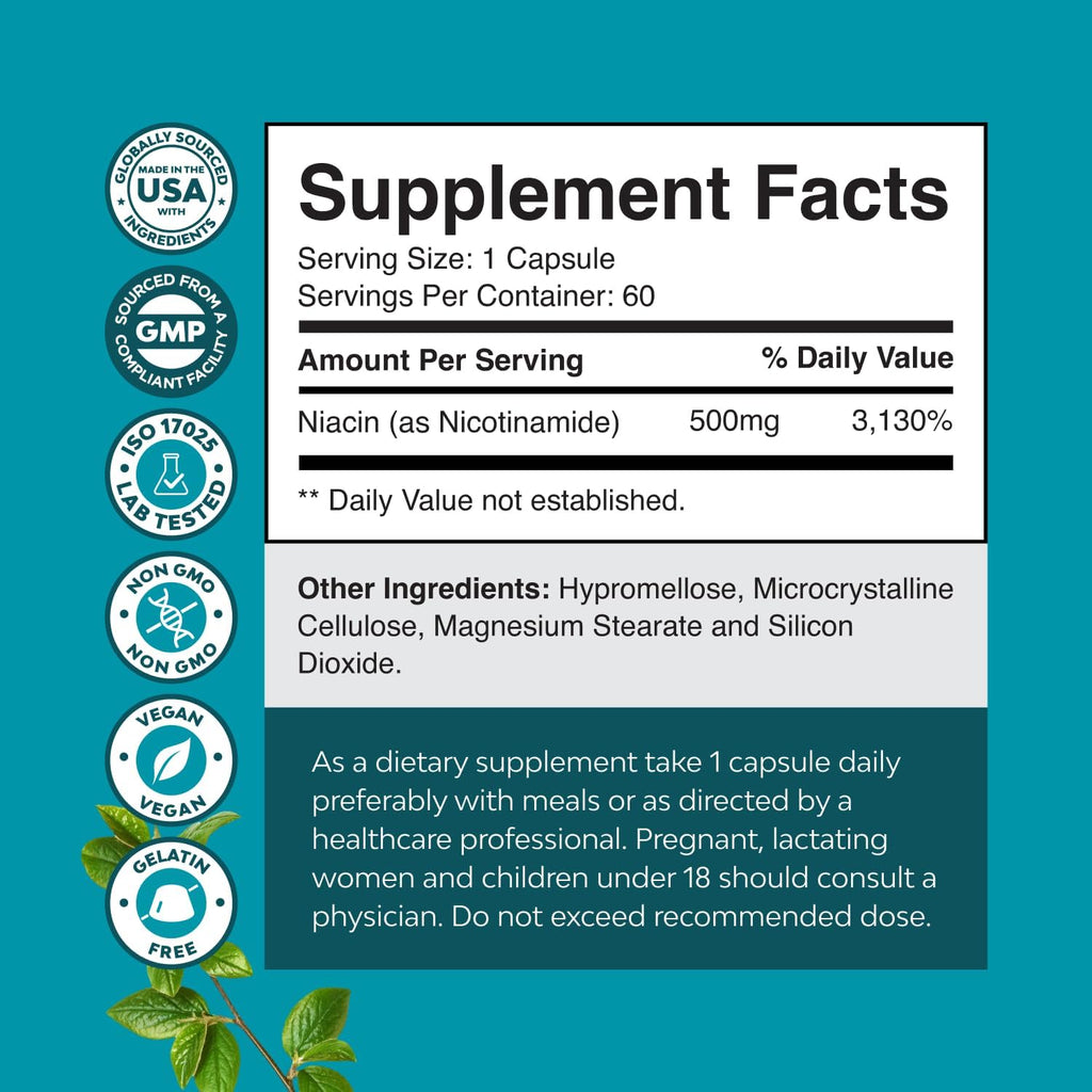 Vitamina B3 Niacinamida 500 mg Cápsulas - Sin Enrojecimiento - 60 Cápsulas